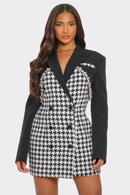 Monochrome Glam Houndstooth Blazer Dress BLACK/WHITE / S Monochrome Glam Houndstooth Blazer Dress BLACK/WHITE / S