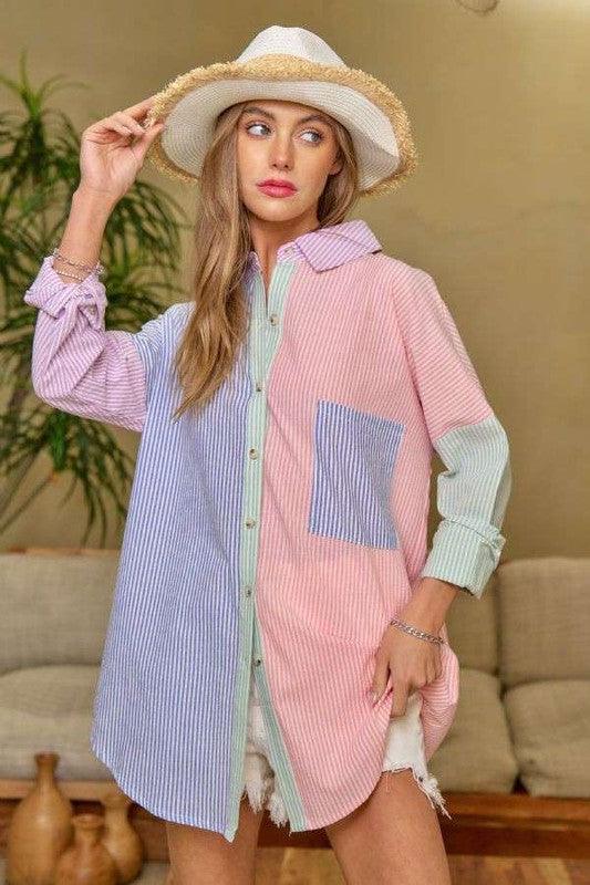 Multi Color Striped Button Down Shirt - Statement Piece NY