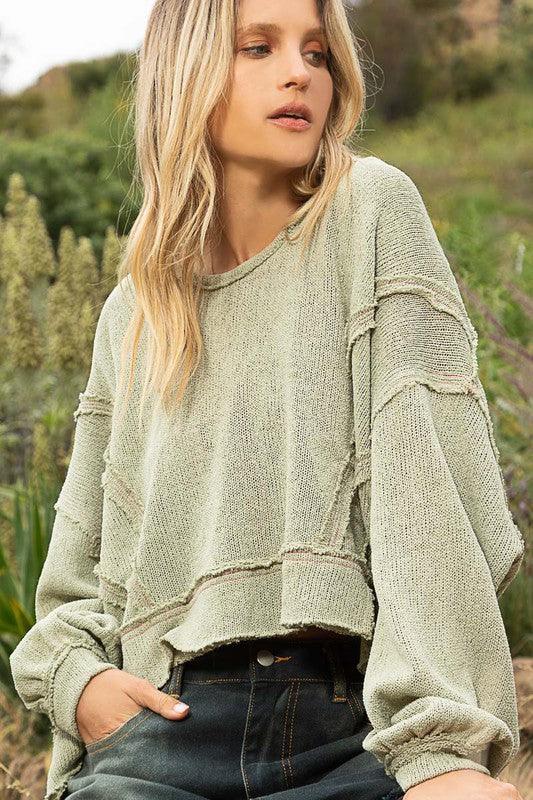 Round Neck Balloon Sleeve Hooded Knit Top - Statement Piece NY