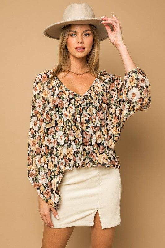 Shirring Floral Print | V-Neck Top - Statement Piece NY