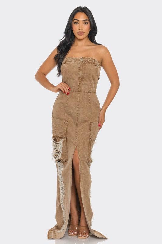 distressed maxi dress Vintage Washed Distressed Cargo Maxi Dress DENIM BROWN / S