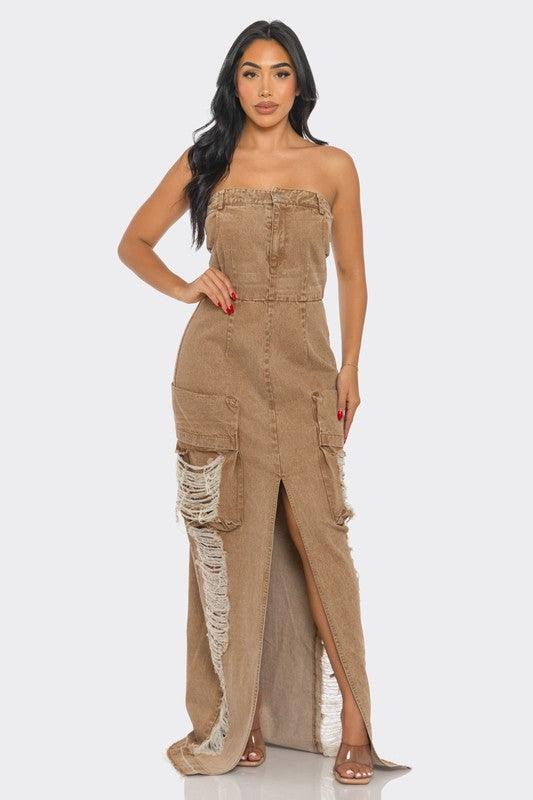 Vintage Washed Distressed Cargo Maxi Dress Denim Brown / S