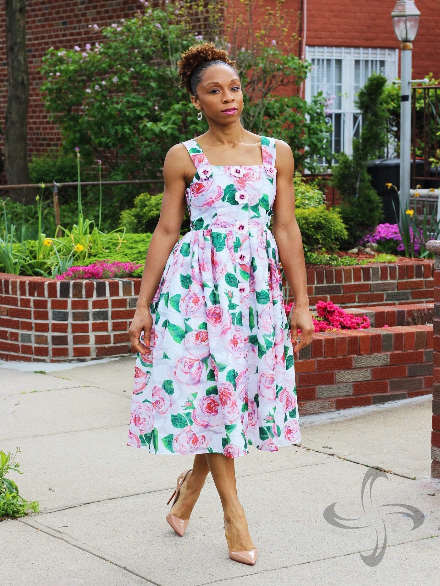 Floral Print Dress with 3D Flower Appliques Statement Piece NY Floral Print Dress with 3D Flower Appliques Statement Piece NY