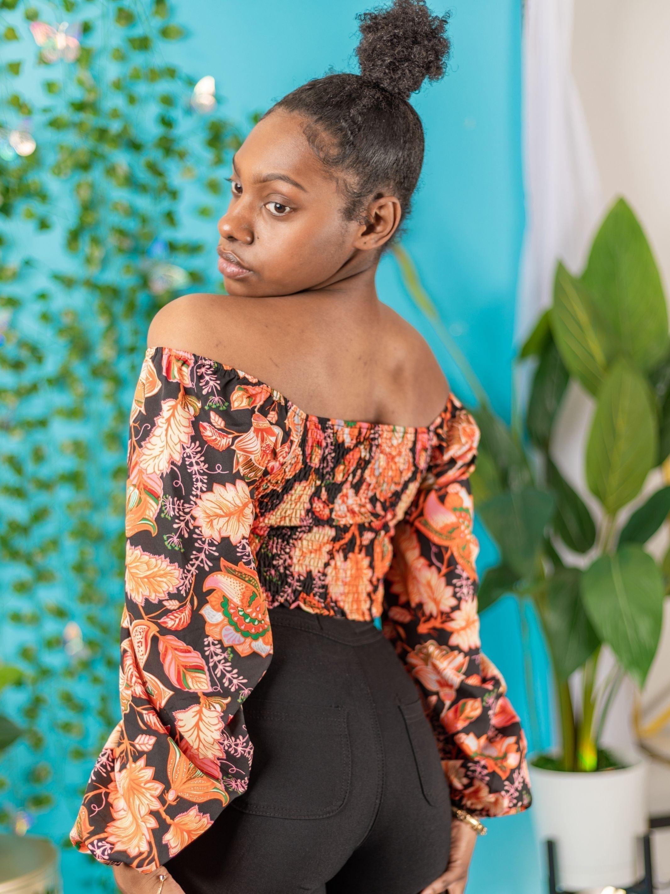 Botanical Balloon Sleeve Cropped Top | Black/Orange – Statement