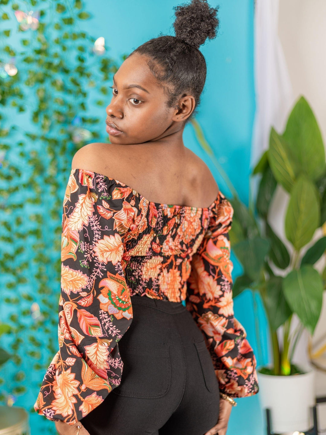 Botanical Balloon Sleeve Cropped Top | Black/Orange – Statement