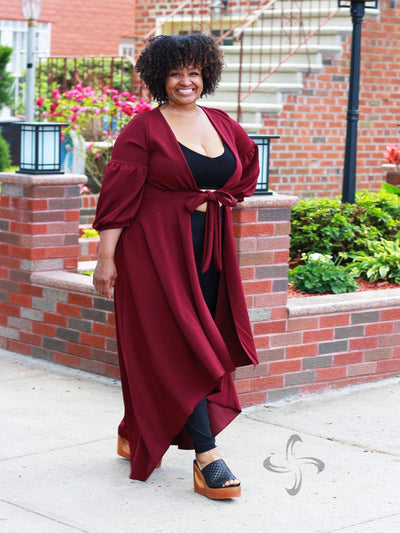Cape Fantasy | Plus Size Front Tie Jacket - Statement Piece NY 3/4 Sleeve, _tab_plus-size-size-chart, balloon sleeves, Blossom 2021, Brooklyn Boutique, Burgundy, burgundy jacket, cape fantasy, Curvy, front tie jacket, Jacket, not clearance, Plus Size, Plus Size Fall, Plus Sizes, Red, Ships from USA, SPNY Exclusive, Spring, Statement Clothing, statement piece, Statement Piece Boutique, Statement Pieces, Statement Pieces Boutique, top, tops, Women's Boutique, X-Large, XL Statement Plus