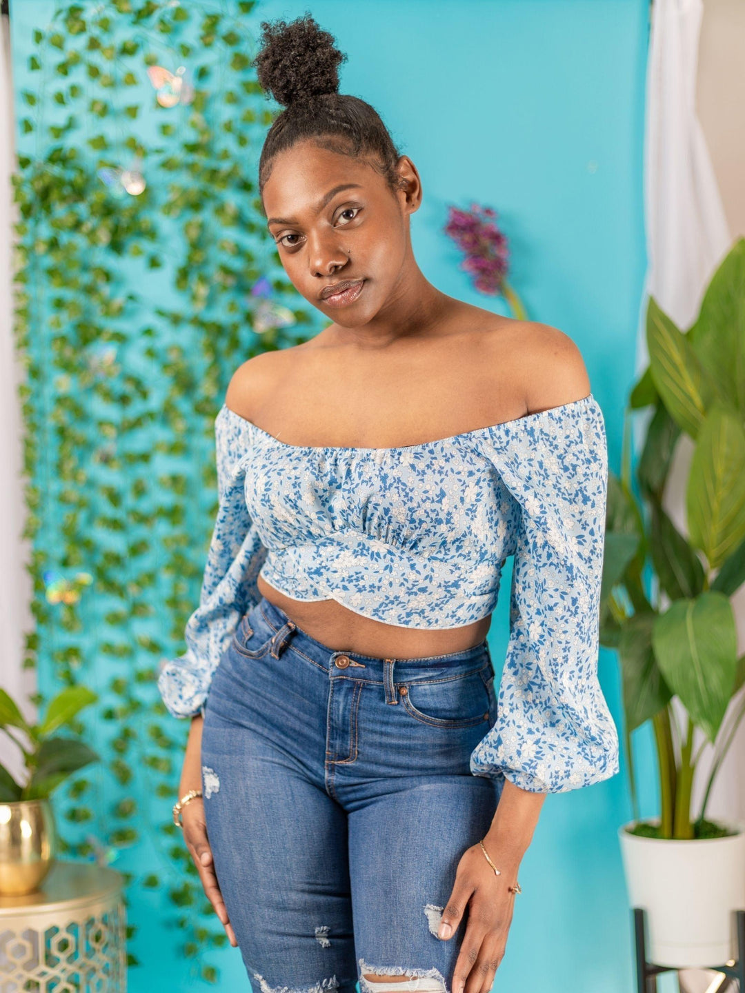 Ditsy Floral Crisscross Cropped Top | Sky Blue – Statement Piece NY