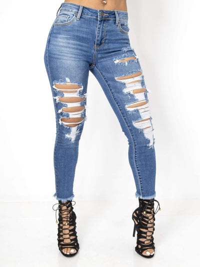 Don't Play Fair | Distressed Skinny Jeans - Statement Piece NY basic, Blue, Bottom, bottoms, Brooklyn Boutique, casual, chic, Denim, distressed, Fall, jeans, jeans for women, Long Pants, Medium wash denim, mid rise jeans, Misses, Skinny Fit, skinny fit jeans, skinny jeans, skinny pants, statement, Statement Clothing, statement piece, Statement Piece Boutique, statement piece ny, Statement Pieces, Statement Pieces Boutique, unique ripped jeans, unique women's jeans, Women's Boutique Statement Bottoms