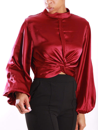 Effortless Movement | Satin Twist Front Top - Statement Piece NY _tab_size-chart, burgundy, chic, Fall, Fall Fashion, Long Sleeve, Misses, Red, satin, satin top, satin twist front crop top, Standard Fall, statement, Statement Clothing, statement piece, statement piece ny, top, Tops, twist front top, Workwear Statement Tops