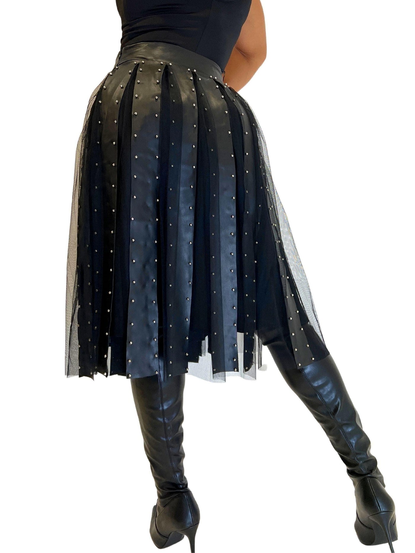 Galaxy | Mesh Skirt with Studded Leather SIZE XL - Statement Piece NY _tab_final-sale, _tab_run-that-crown-size-chart, Black, Bottom, Bottoms, Brooklyn Boutique, camel, chic, Fall, Fall Fashion, final sale, High Waisted, leather, Maxi Skirt, Misses, not clearance, Ships from USA, SPNY Exclusive, Standard Fall, statement, Statement Clothing, statement piece, Statement Piece Boutique, statement piece ny, Statement Pieces, Statement Pieces Boutique, Women's Boutique, Workwear, X-Large, XL Skirts