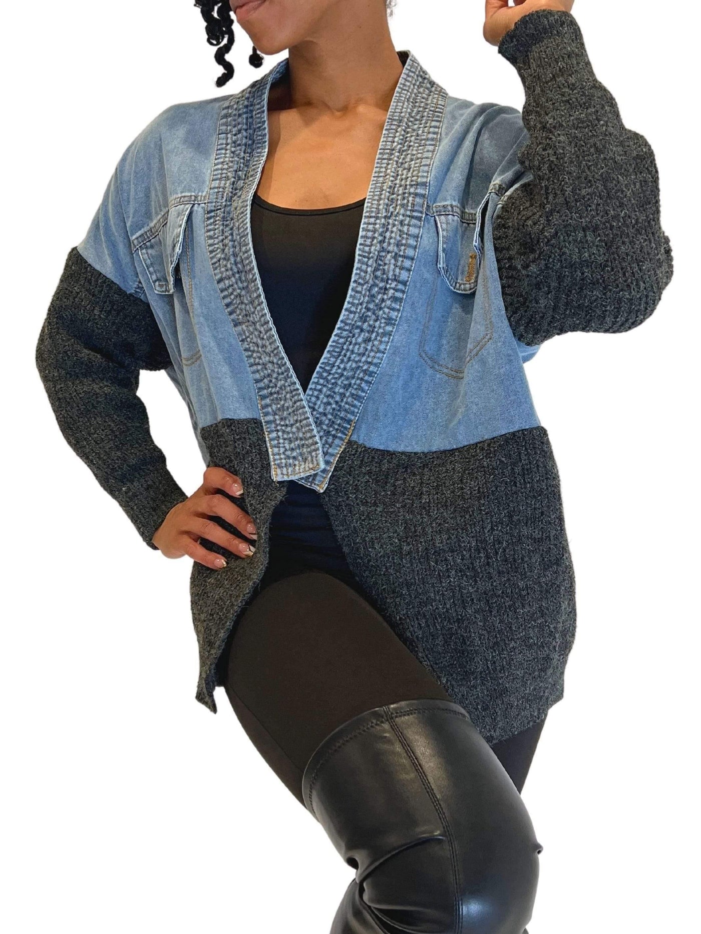 Half and Half | Denim Cardigan Jacket SIZE SMALL - Statement Piece NY _tab_final-sale, _tab_size-chart, Black, bomber, bomber jacket, Brooklyn Boutique, chic, cute jackets, denim cardigan, Fall, Fall Fashion, final sale, jacket, Long Sleeve, Misses, not clearance, Ships from USA, SPNY Exclusive, Standard Fall, statement, Statement Clothing, statement piece, Statement Piece Boutique, statement piece ny, Statement Pieces, Statement Pieces Boutique, Women's Boutique Statement Outerwear