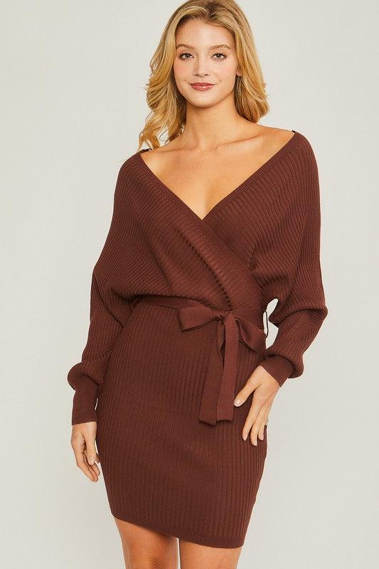 Off Shoulder Wrap Belted Ribbed Knit Dress - Statement Piece NY