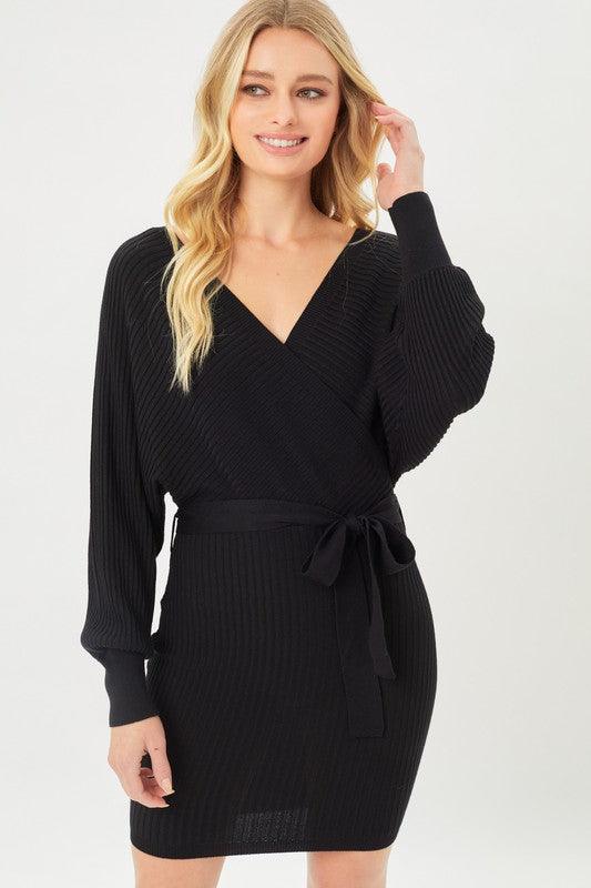 Off Shoulder Wrap Belted Ribbed Knit Dress - Statement Piece NY