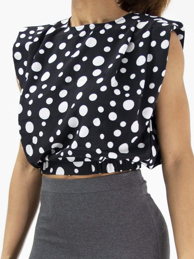 Plastered with Polka | Shoulder Padded Black Crop Top - Statement Piece NY _tab_plus-size-size-chart, _tab_size-chart, Black, Brooklyn Boutique, casual, comfy, crop, Crop Top, Crop Tops, final sale, Misses, Monochrome, not clearance, polka, polka dot, Sleeveless, statement, Statement Clothing, statement piece, Statement Piece Boutique, statement piece ny, Statement Pieces, Statement Pieces Boutique, statement top, statement tops, top, tops, Women's Boutique, work, work wear, Workwear Statement Tops