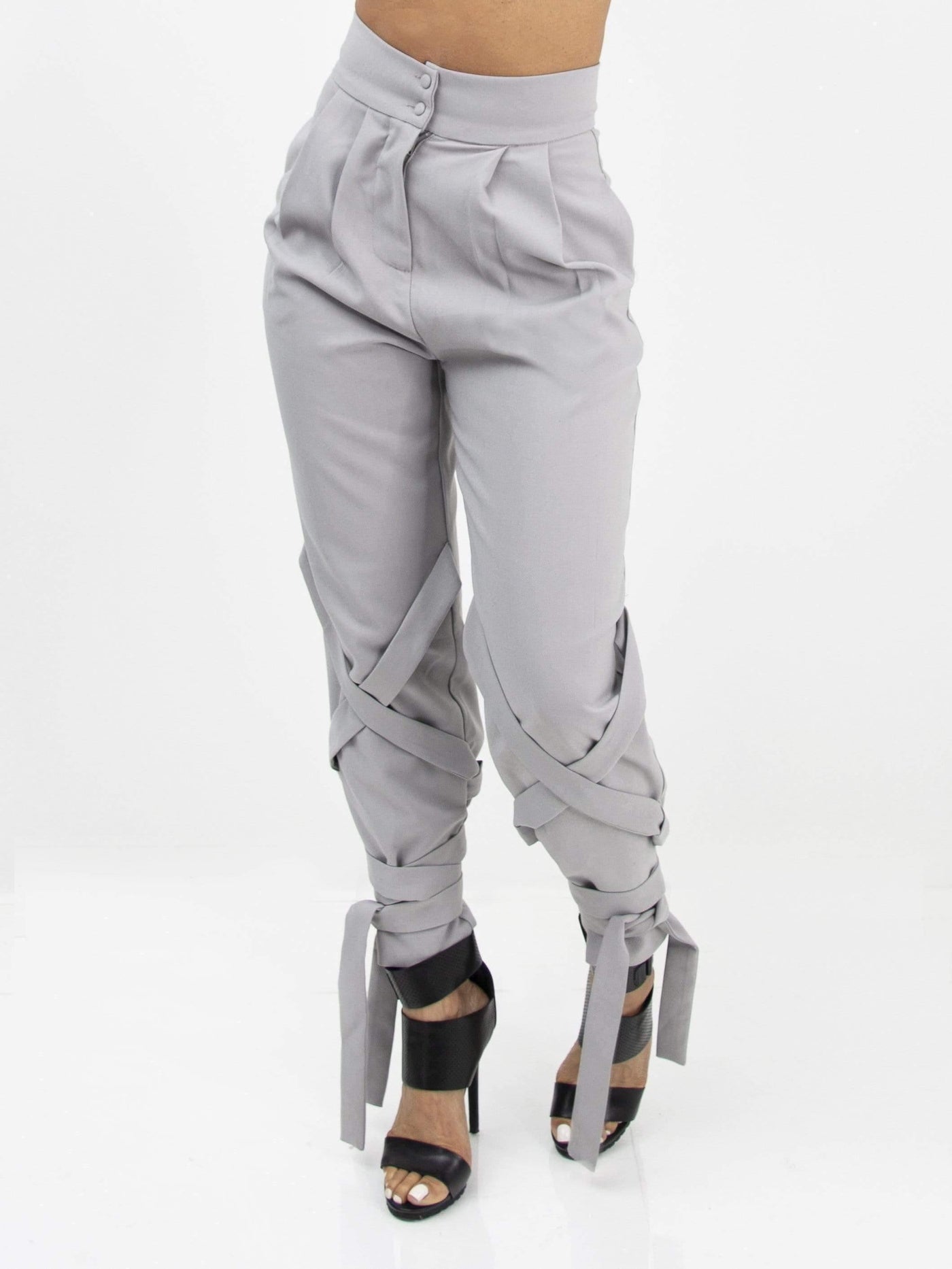 Strapped | Stylish Pants SIZE LARGE - Statement Piece NY _tab_size-chart, Bottom, Bottoms, Brooklyn Boutique, chic, final, final sale, Grey, leg ties, Long Pants, Misses, Monochrome, not clearance, pants with straps, pants with ties, Ships from USA, SPNY Exclusive, statement, statement piece, Statement Piece Boutique, statement piece ny, Statement Pieces, Statement Pieces Boutique, unique pants, unique pants for ladies, Women's Boutique Statement Bottoms