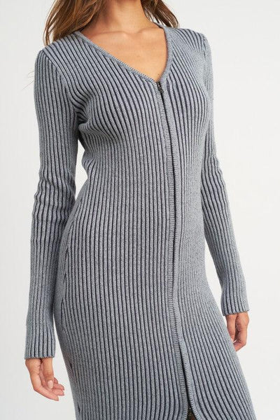 Versatile Zipper Elegance | V Neck Midi Dress - Statement Piece NY
